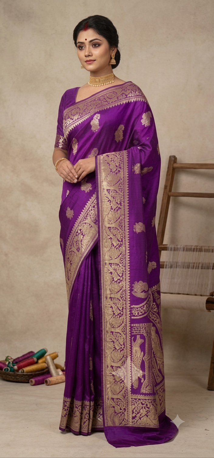 Royal Magenta Resham Baluchari Silk Saree with Antique Gold Weaves