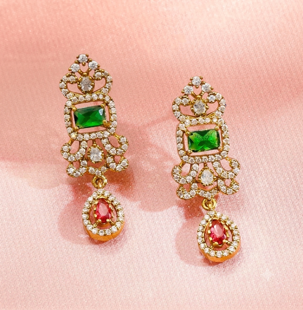 The Royal Emerald & Ruby Royal Peacock American Diamond Necklace Set