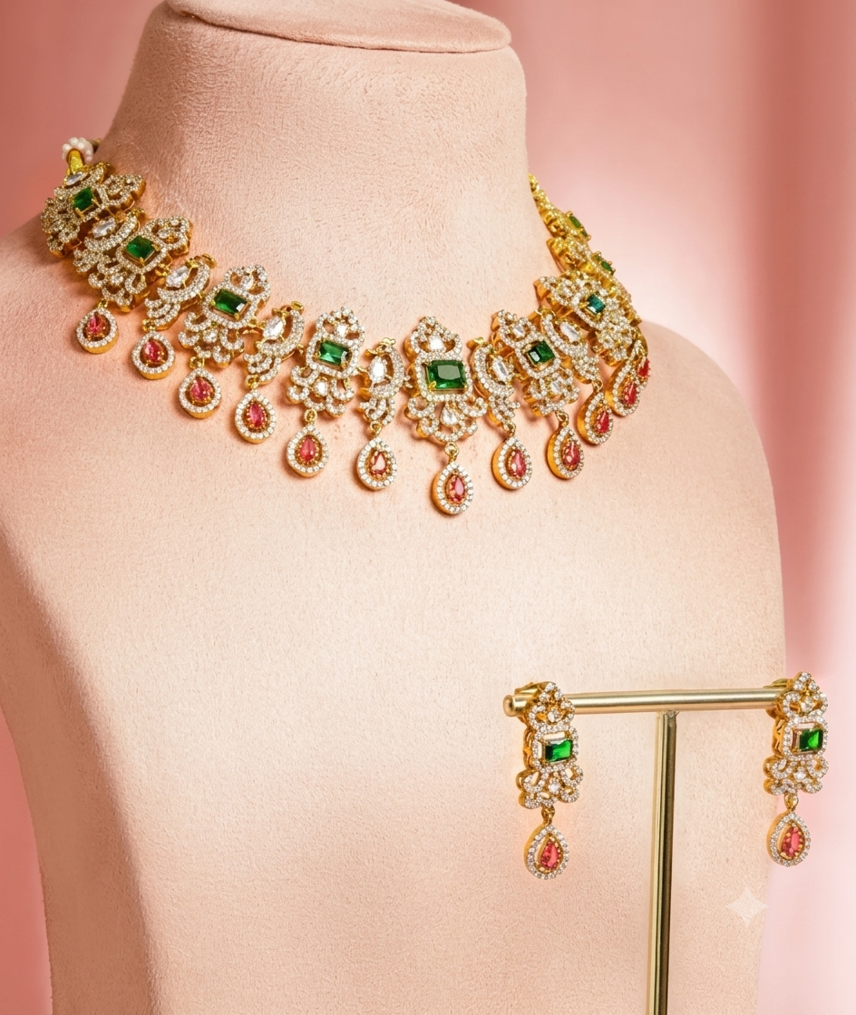 The Royal Emerald & Ruby Royal Peacock American Diamond Necklace Set