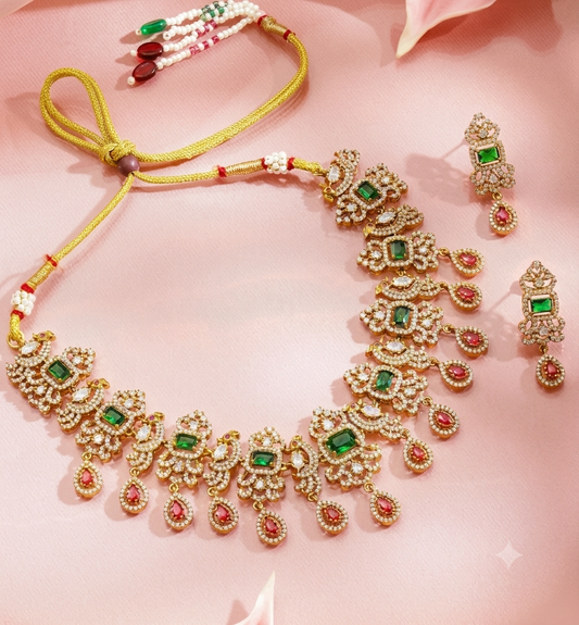 The Royal Emerald & Ruby Royal Peacock American Diamond Necklace Set