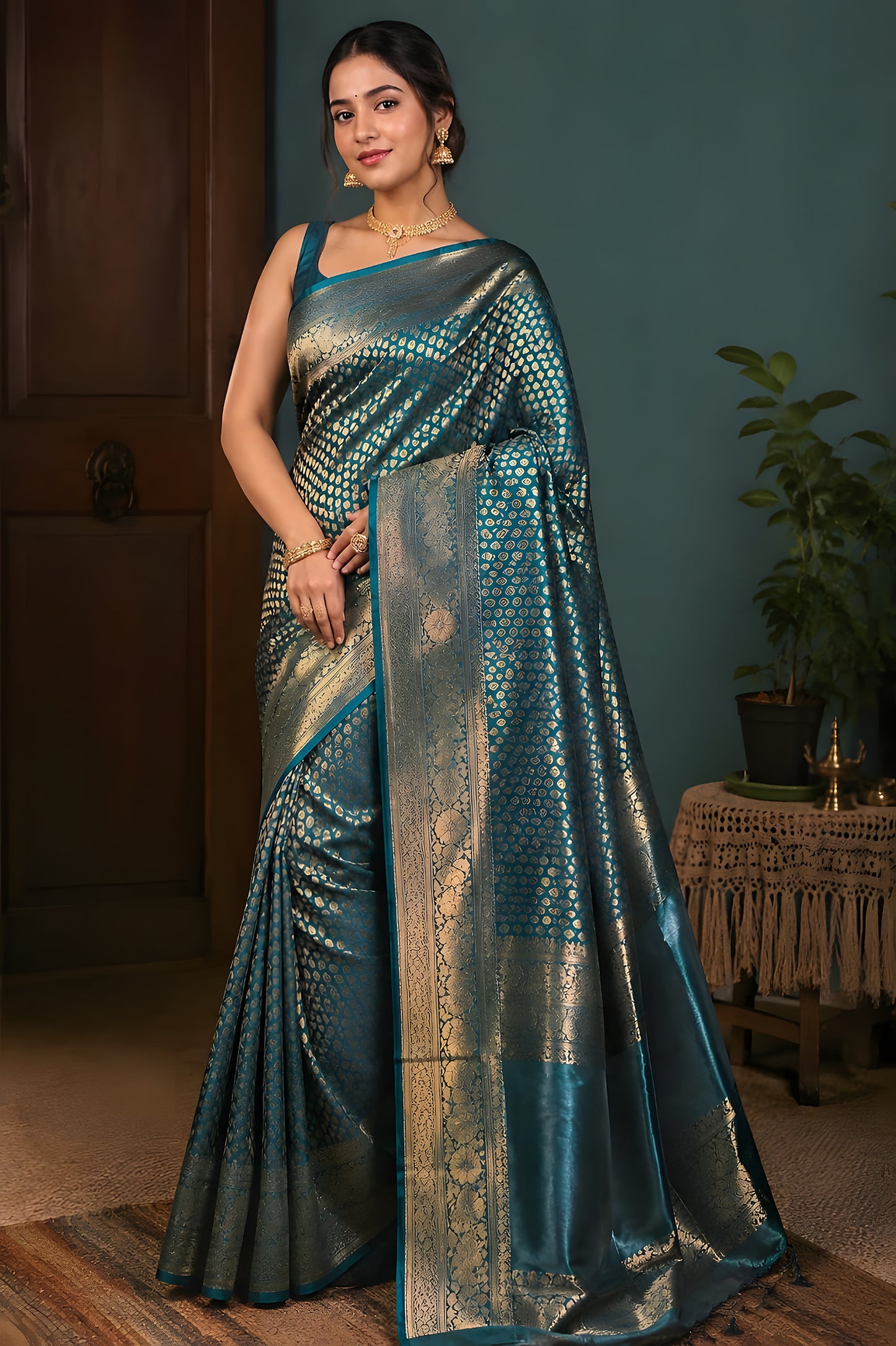 Royal Teal & Antique Gold Banarasi Saree