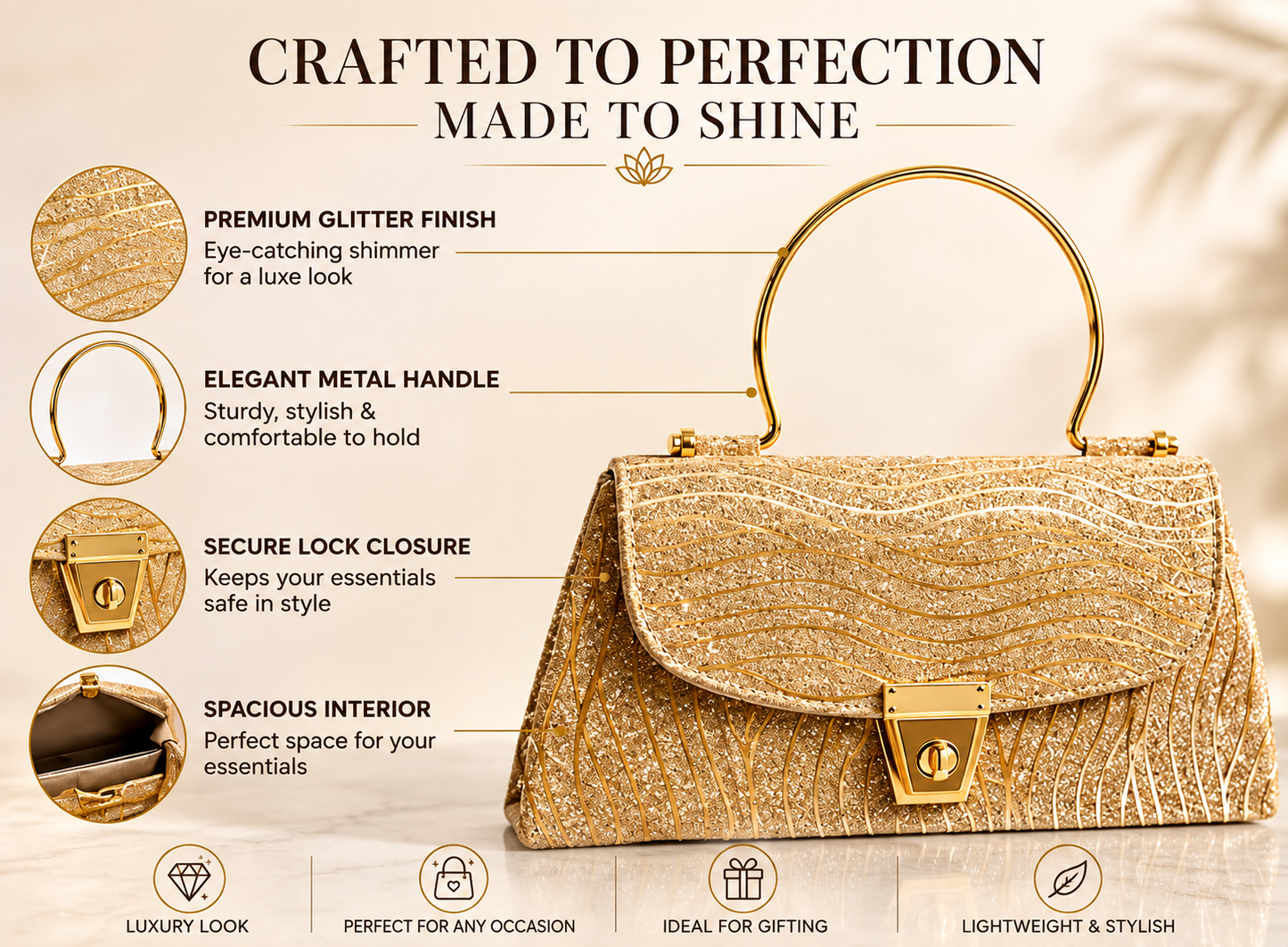 Golden Radiance Luxe Handbag – Sparkle That Speaks Elegance