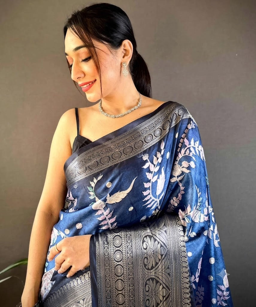 Celestial Indigo Pure Silk Batik Saree with Intricate Floral Motifs