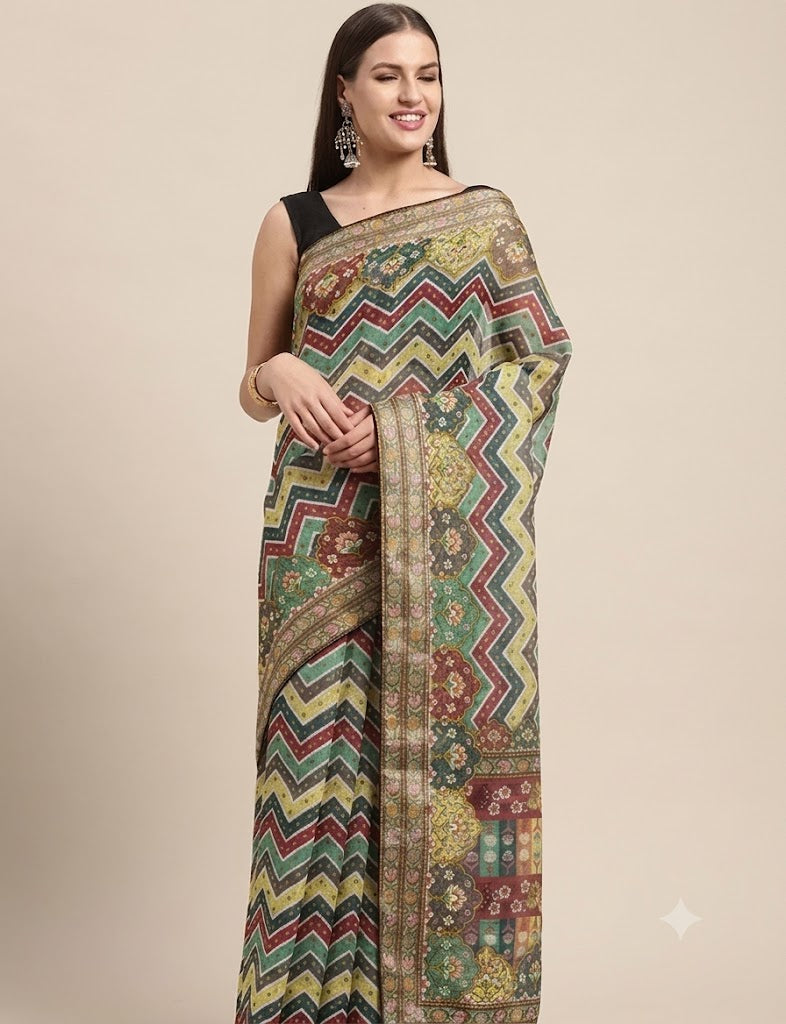 The Chevron Harmony Kalamkari Linen Saree