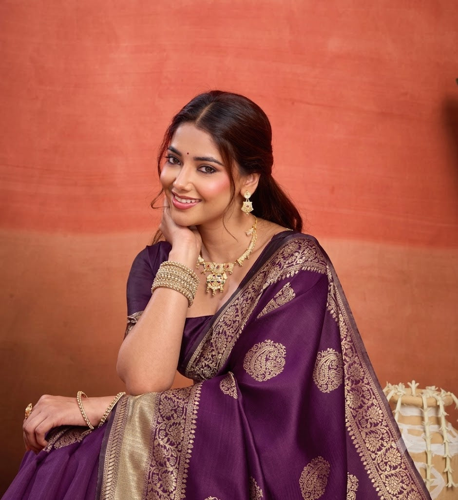 Regal Deep Purple Banarasi Silk Saree with Antique Gold Zari