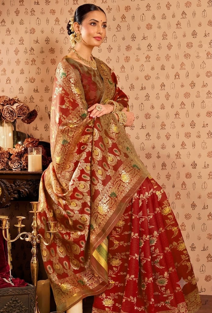 Title  Royal Crimson Red Banarasi Silk Saree with Floral Jaal & Meenakari