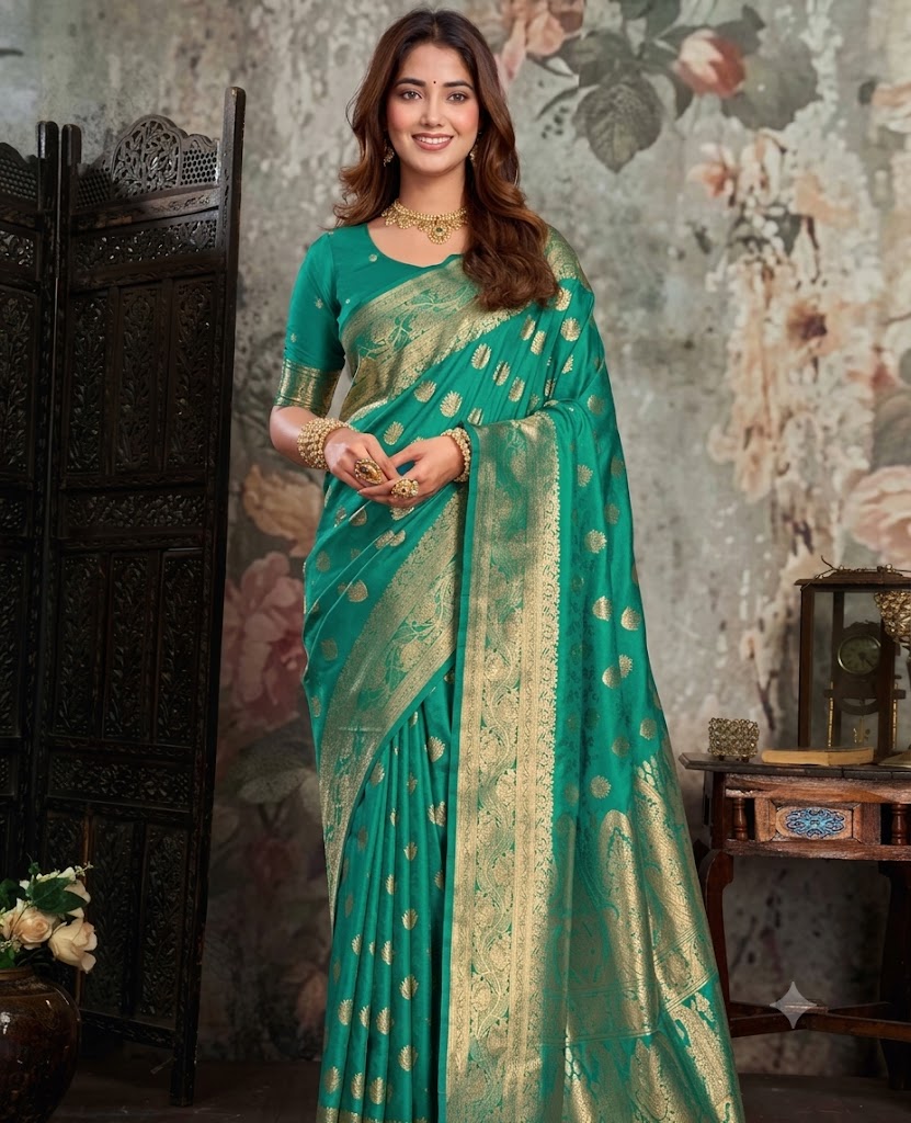 Royal Peacock Green Woven Silk Saree with Zari Border
