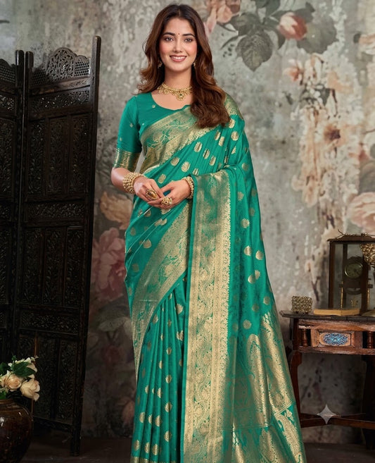 Royal Peacock Green Woven Silk Saree with Zari Border