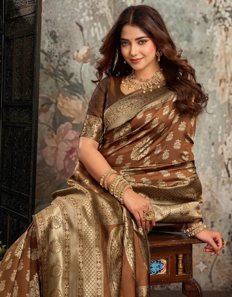 Royal Mocha Gold Handwoven Banarasi Silk Saree