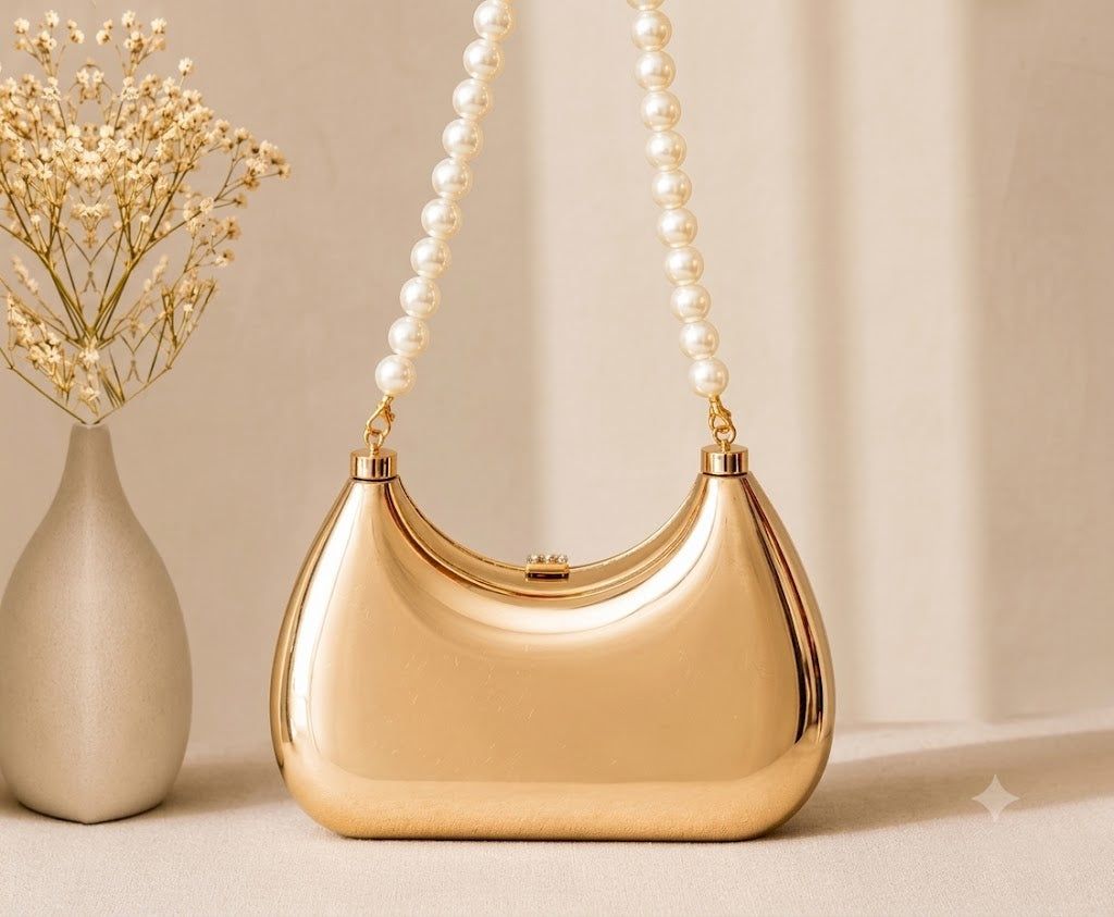Golden Crescent Pearl-Beaded Hard-Shell Clutch