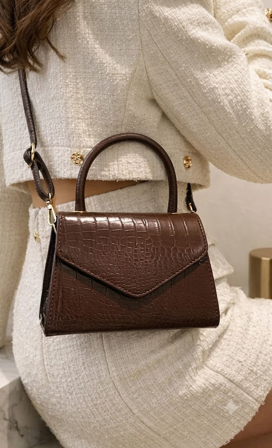 Classic Mocha Croc Top-Handle Bag
