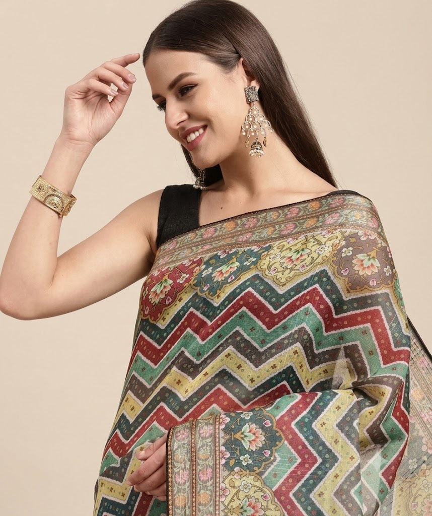 The Chevron Harmony Kalamkari Linen Saree