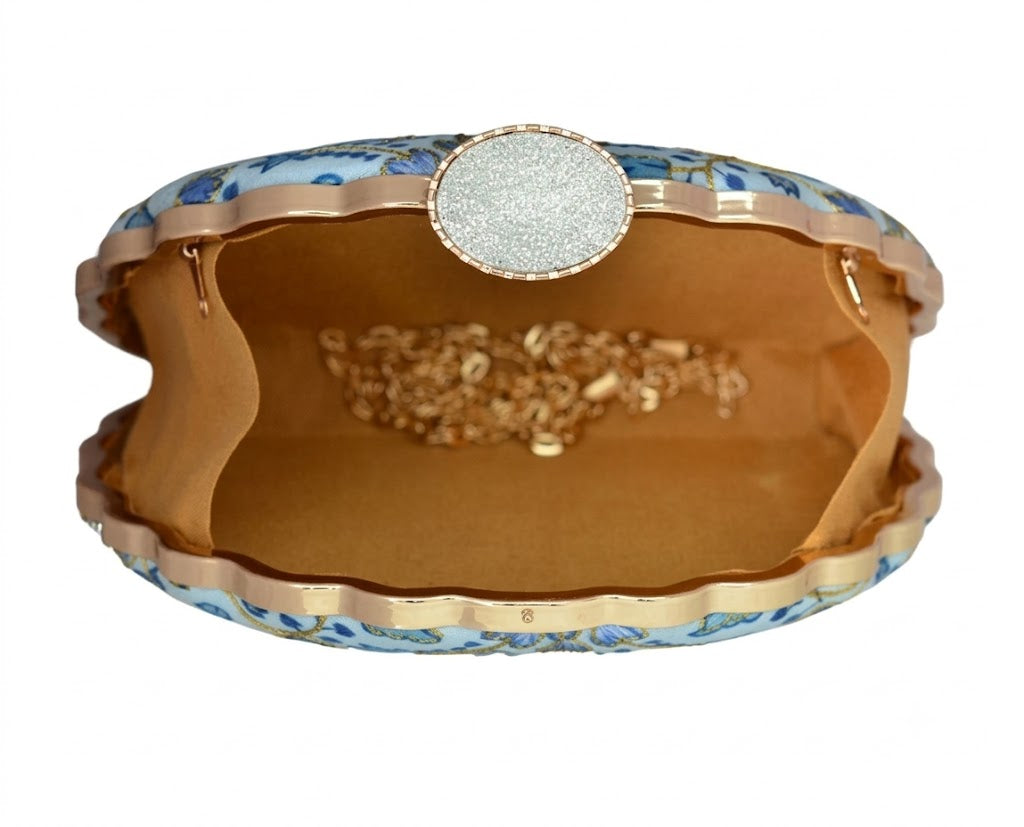 Celestial Azure Hand-Embroidered Scalloped Clutch