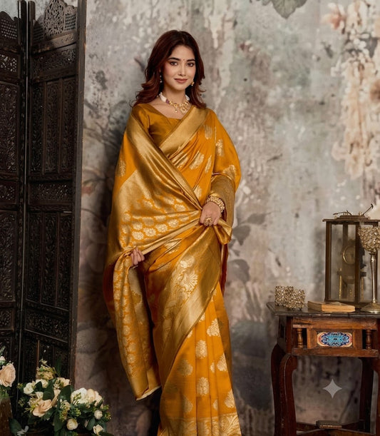 Radiant Mustard Yellow Banarasi Silk Saree in Golden Zari