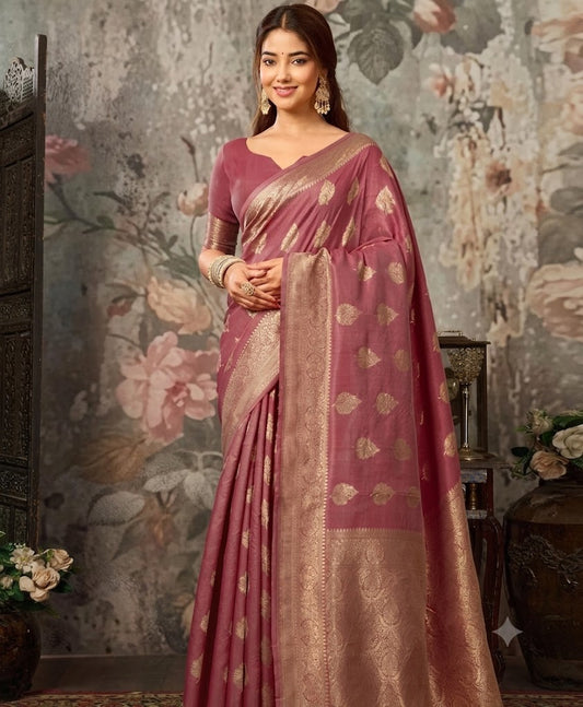 Enchanting Mauve-Pink Banarasi Silk Saree with Antique Zari