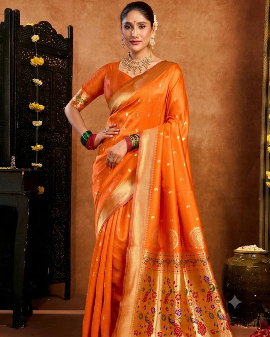 Vibrant Tangerine Orange Paithani Silk Saree with Peacock Pallu