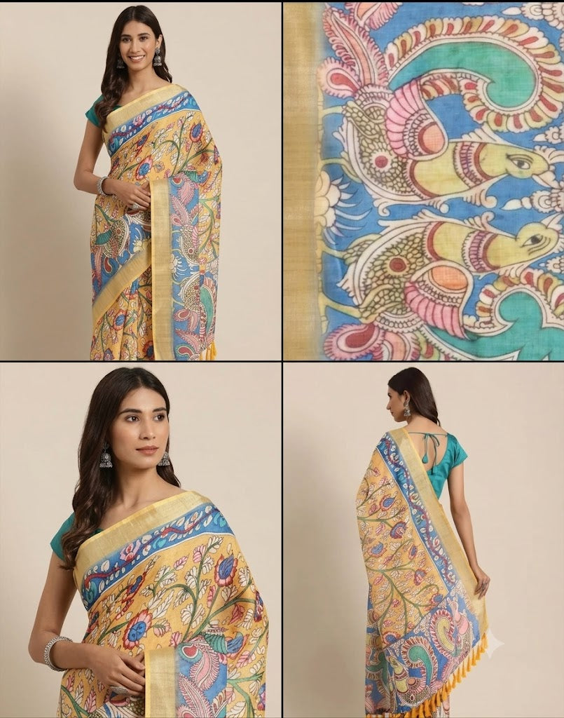 Sunshine Yellow Kalamkari Silk Saree with Sky Blue Borders & Tassels