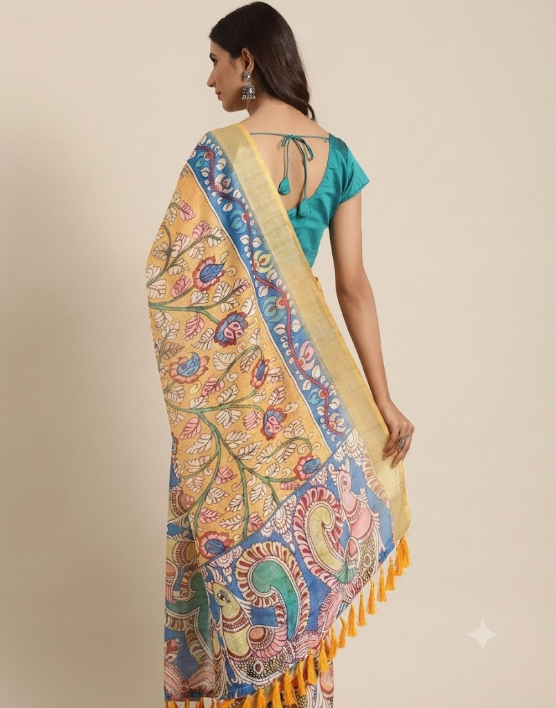 Sunshine Yellow Kalamkari Silk Saree with Sky Blue Borders & Tassels
