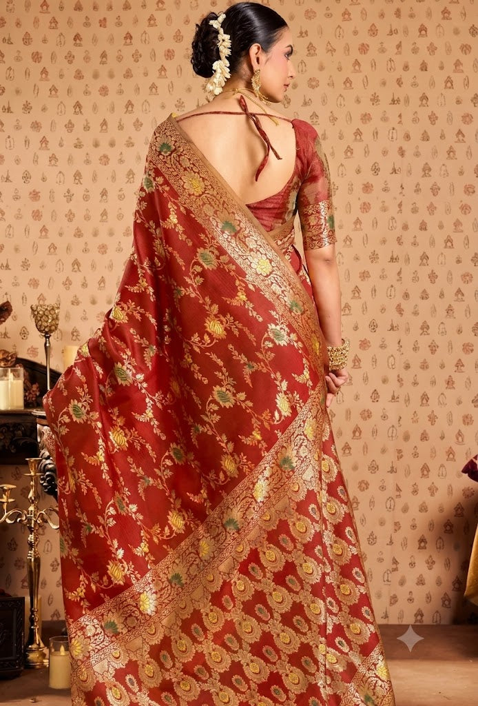 Title  Royal Crimson Red Banarasi Silk Saree with Floral Jaal & Meenakari