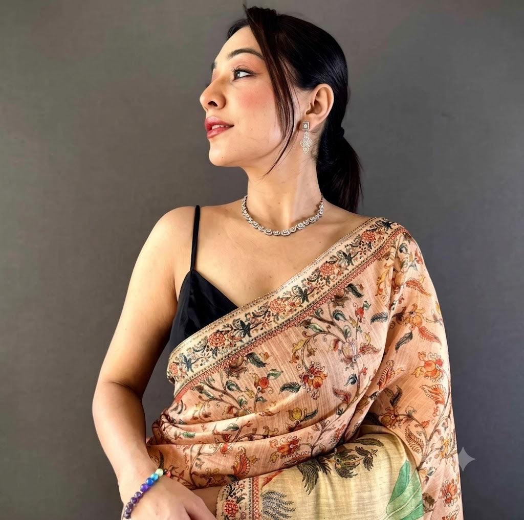 Classic Beige Pashmina Silk Saree with Handcrafted Kalamkari Floral Art