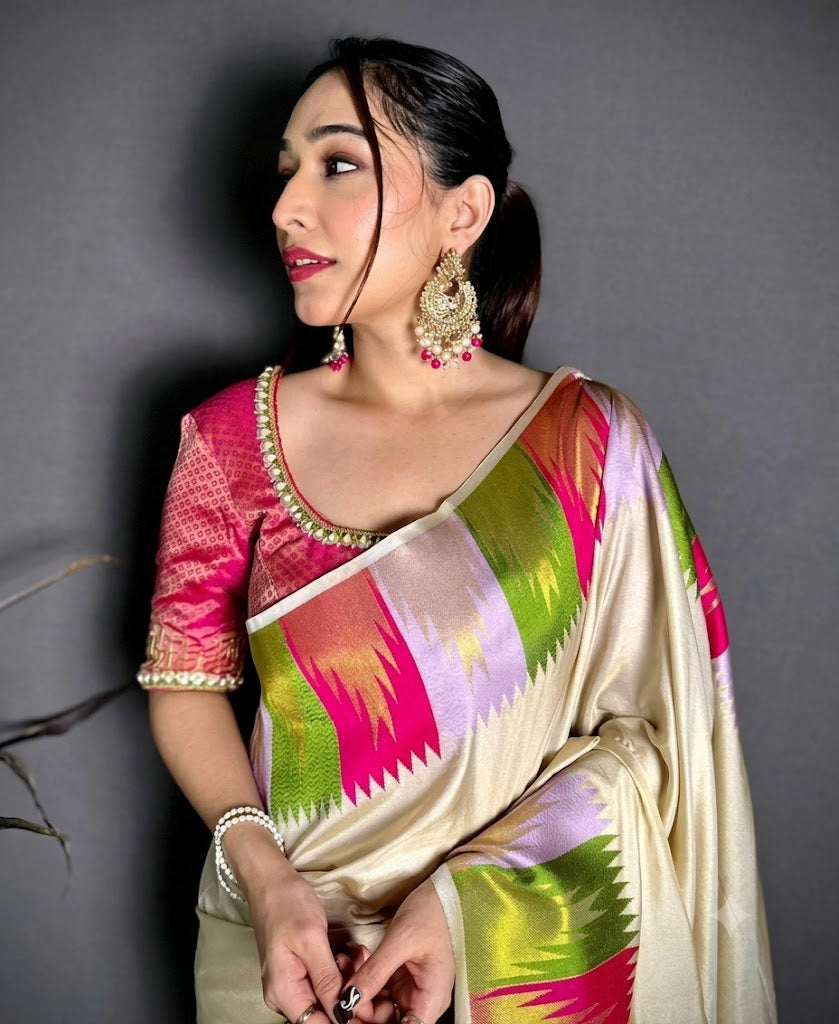 Off-White Kanchi Silk Saree with Vibrant Temple Border & Gold Zari Pallu