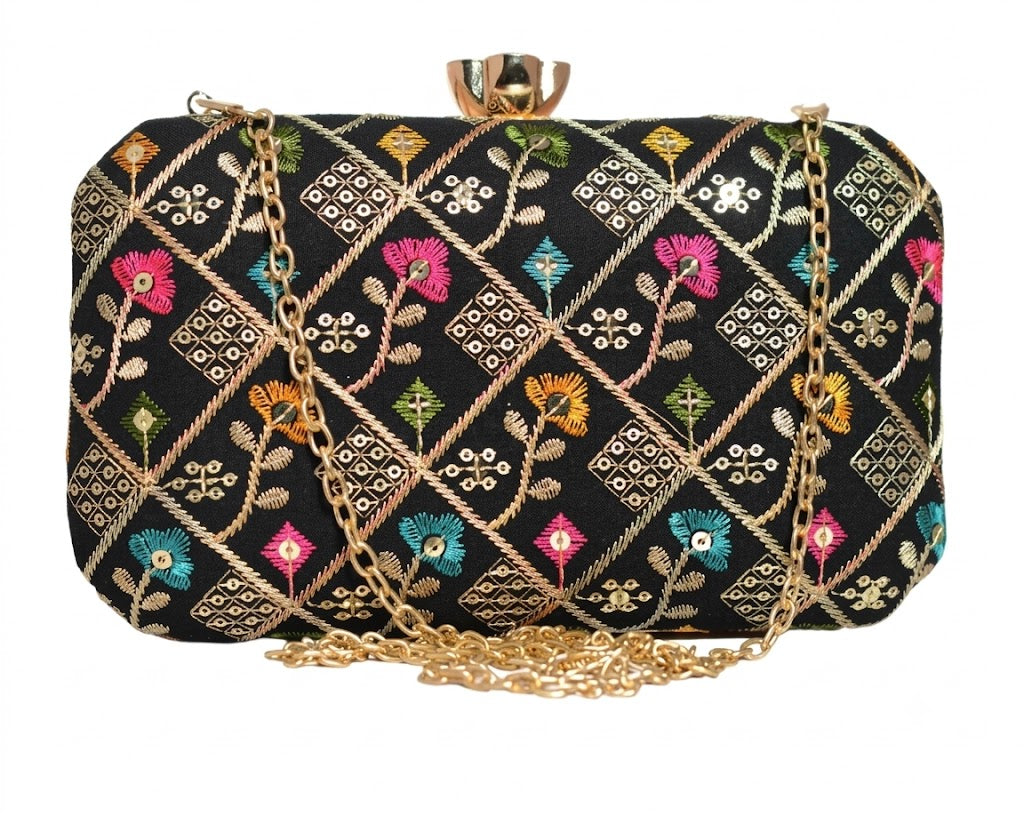 Midnight Charm Embroidered & Sequin Box Clutch