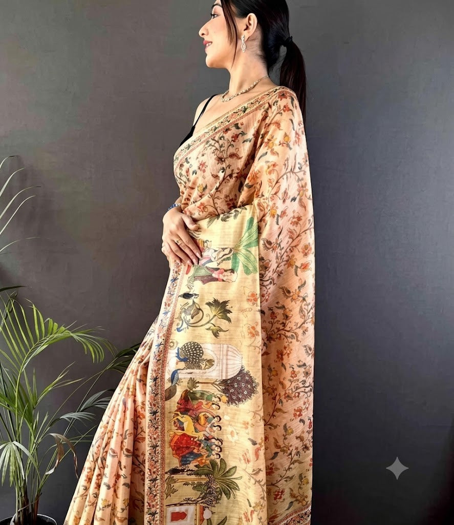 Classic Beige Pashmina Silk Saree with Handcrafted Kalamkari Floral Art