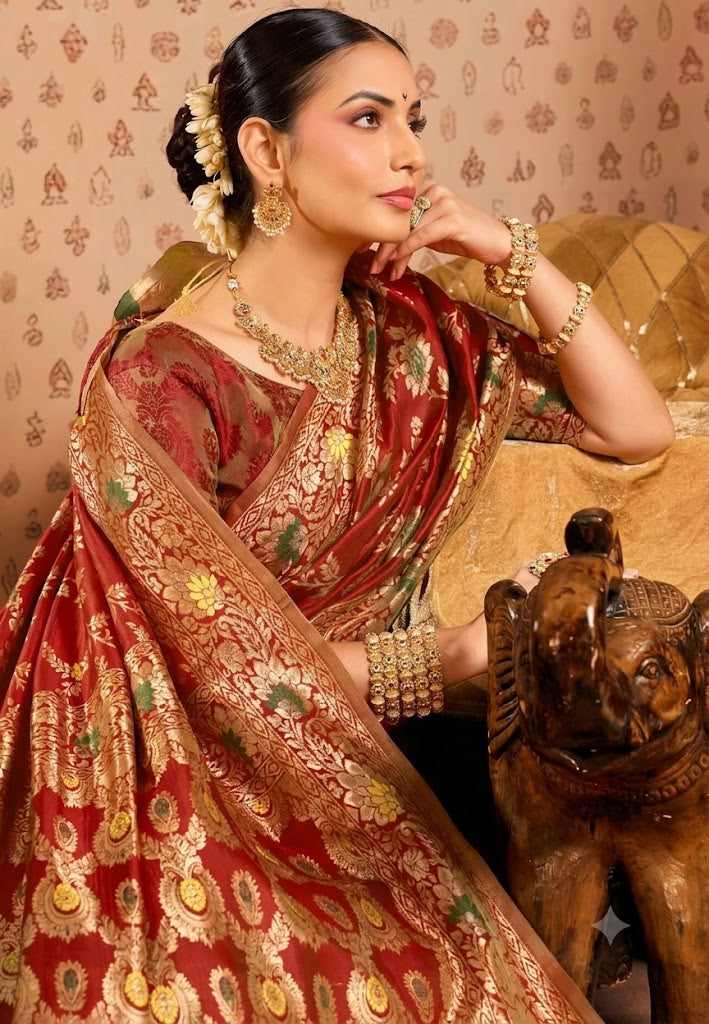 Title  Royal Crimson Red Banarasi Silk Saree with Floral Jaal & Meenakari