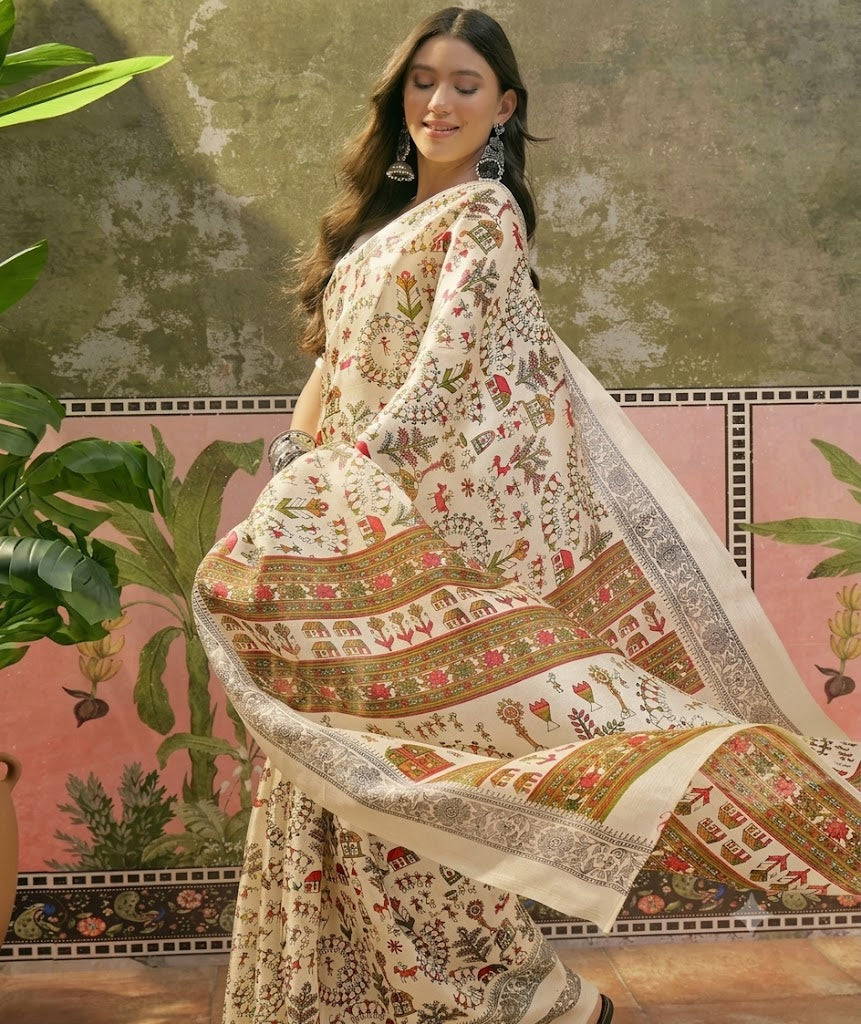 Heritage Tales: Beige Printed Khadi Saree with Intricate Border