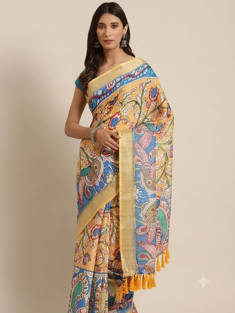 Sunshine Yellow Kalamkari Silk Saree with Sky Blue Borders & Tassels