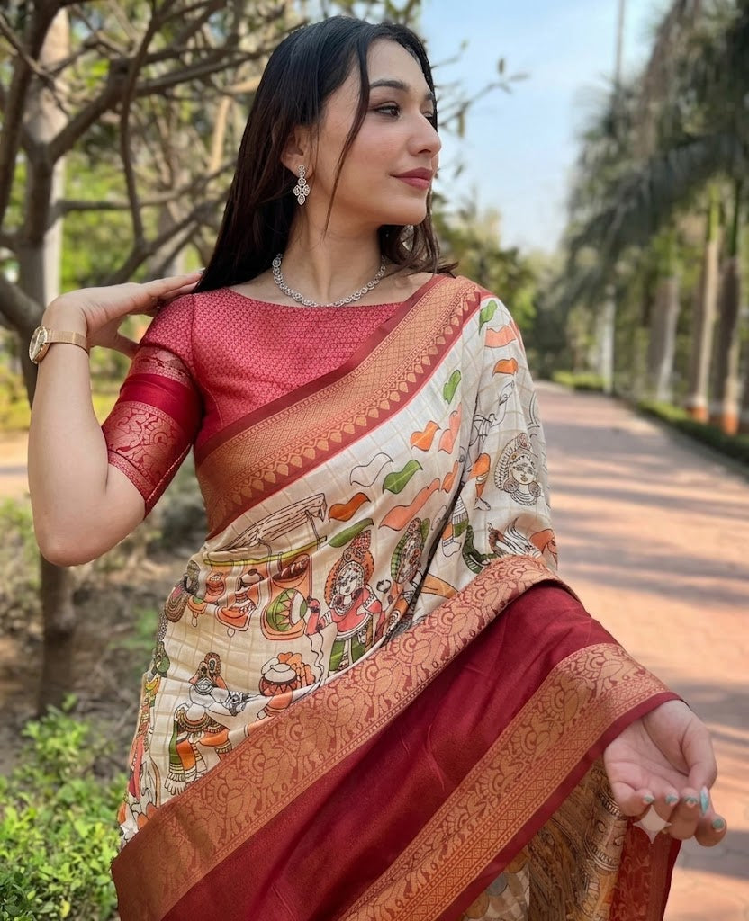 Ivory Heritage Kalamkari & Banarasi Blend Silk Saree with Rich Red Zari Pallu
