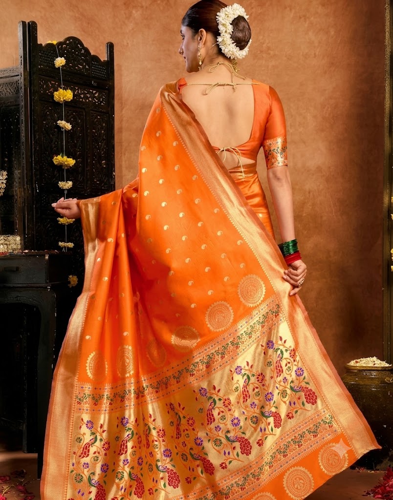 Vibrant Tangerine Orange Paithani Silk Saree with Peacock Pallu