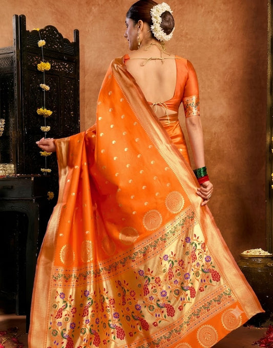 Vibrant Tangerine Orange Paithani Silk Saree with Peacock Pallu