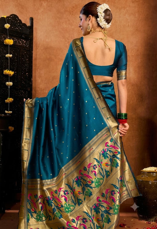 Stunning Peacock Teal Paithani Silk Saree with Traditional Zari Pallu