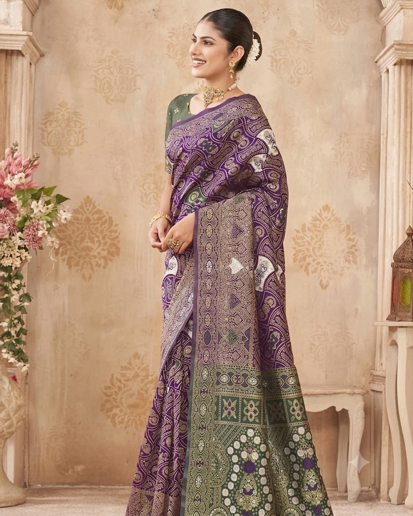 Majestic Paisley: Deep Violet & Olive Banarasi Silk Saree