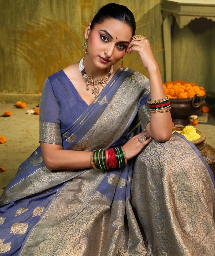 Vintage Glamour: Slate Blue Banarasi Silk Saree with Antique Zari