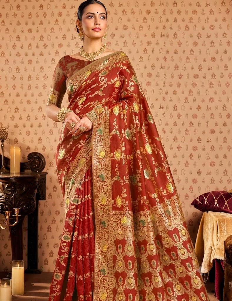 Title  Royal Crimson Red Banarasi Silk Saree with Floral Jaal & Meenakari