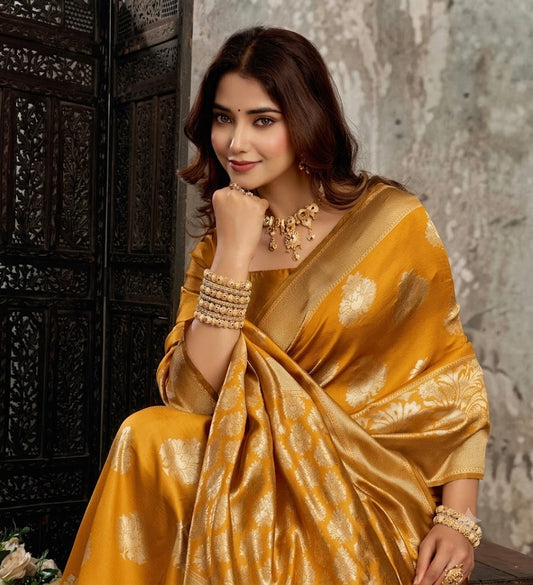 Radiant Mustard Yellow Banarasi Silk Saree in Golden Zari
