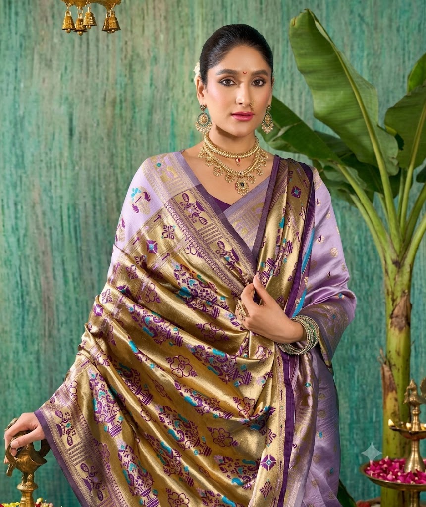 Enchanting Lavender Paithani Silk Saree with Rich Tissue Pallu