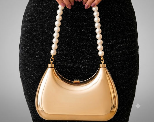 Golden Crescent Pearl-Beaded Hard-Shell Clutch
