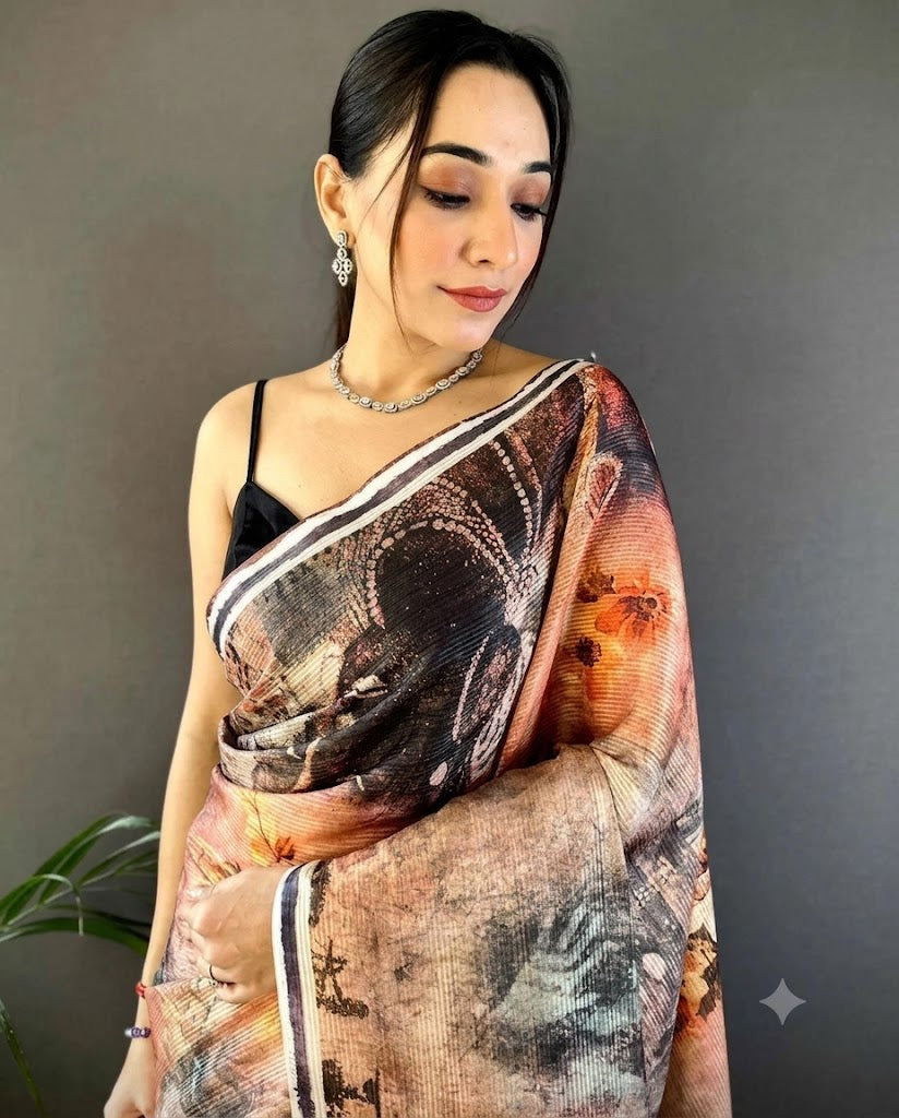Earthy Twilight Batik Print Pure Silk Saree with Geometric Accents