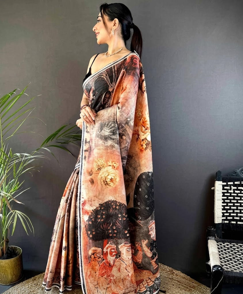 Earthy Twilight Batik Print Pure Silk Saree with Geometric Accents