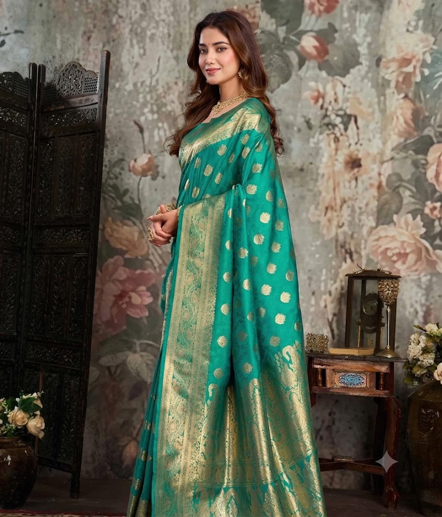 Royal Peacock Green Woven Silk Saree with Zari Border