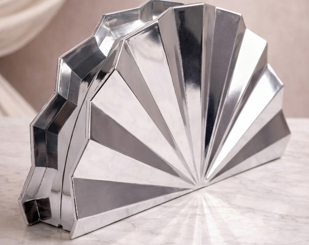 Metallic Radiance Fan-Shaped Silver Clutch