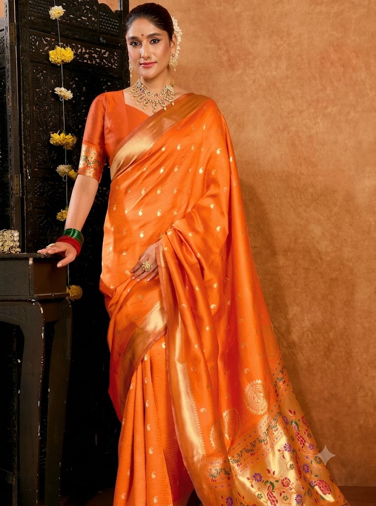 Vibrant Tangerine Orange Paithani Silk Saree with Peacock Pallu