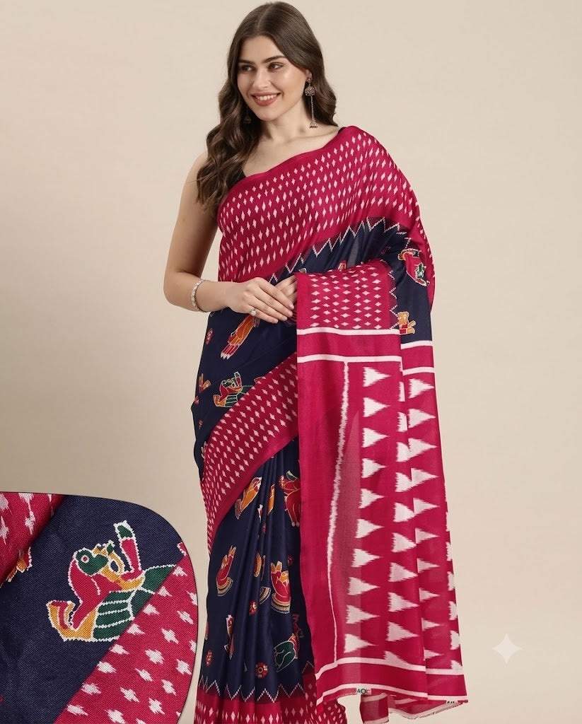 Navy Blue & Magenta Kalamkari Silk Saree with Geometric Ikat Borders