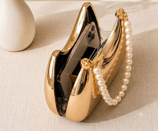 Golden Crescent Pearl-Beaded Hard-Shell Clutch