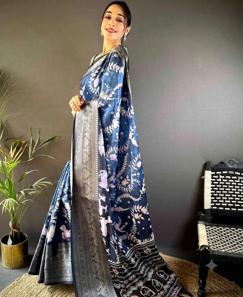 Celestial Indigo Pure Silk Batik Saree with Intricate Floral Motifs