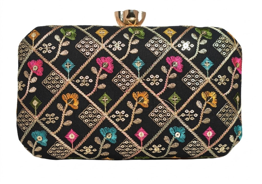 Midnight Charm Embroidered & Sequin Box Clutch