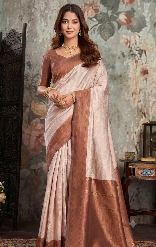 Elegant Champagne Cream & Copper-Bronze Kanjivaram Silk Saree  Description